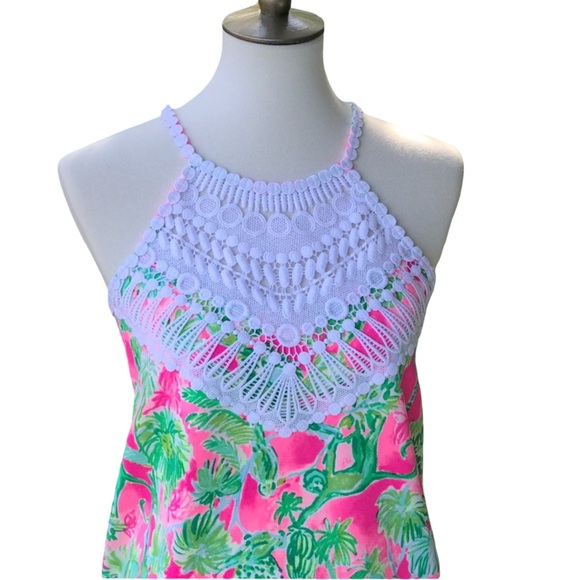 Lilly Pulitzer Pink and Green Floral Dress with Crochet Neckline - Picture 6 of 9